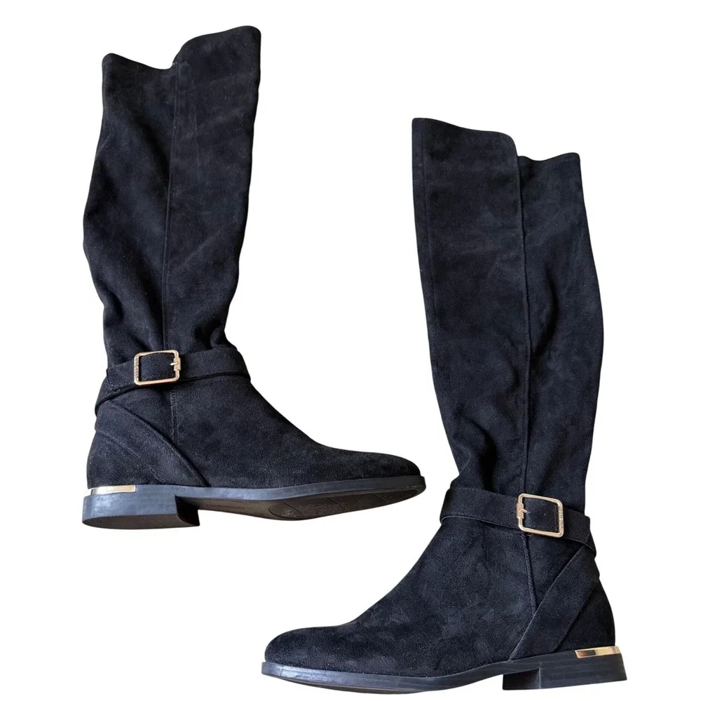 Nine West Black Suede Tall Knee High Buckle Boots Gold Trim Womens Size 8M